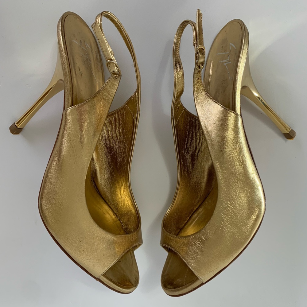 Giuseppe Zanotti Design Gold Leather slingback peeptoe heels EU size 39.5 US 9.5 - Picture 12 of 15